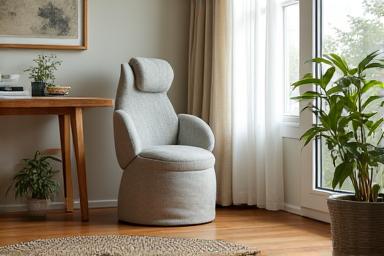 Cozy and well-lit home office with an air purifier and ergonomic chair.